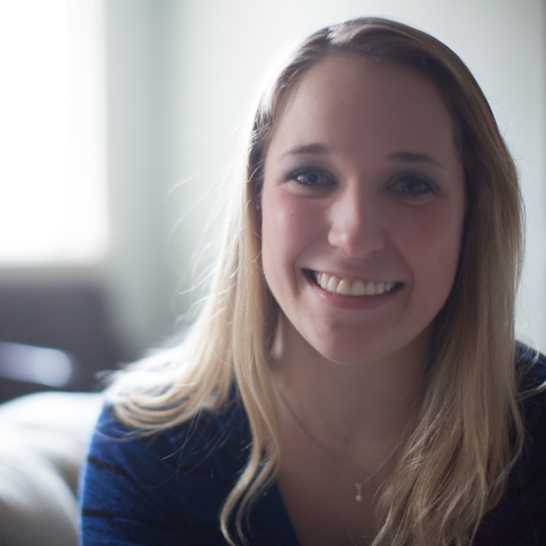 Woman Smiling Blue Shirt Blonde Hair