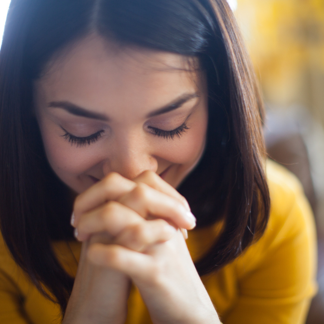 Woman Yellow Sweater Praying Happy